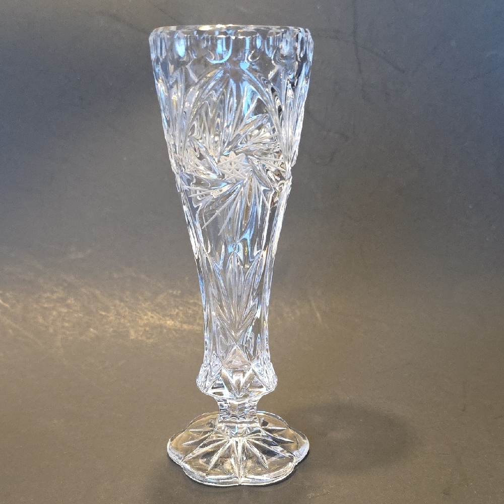 Vintage Heavy Cut Crystal Pedastal Vase Pinwheel Design 6.75 Inches Tall